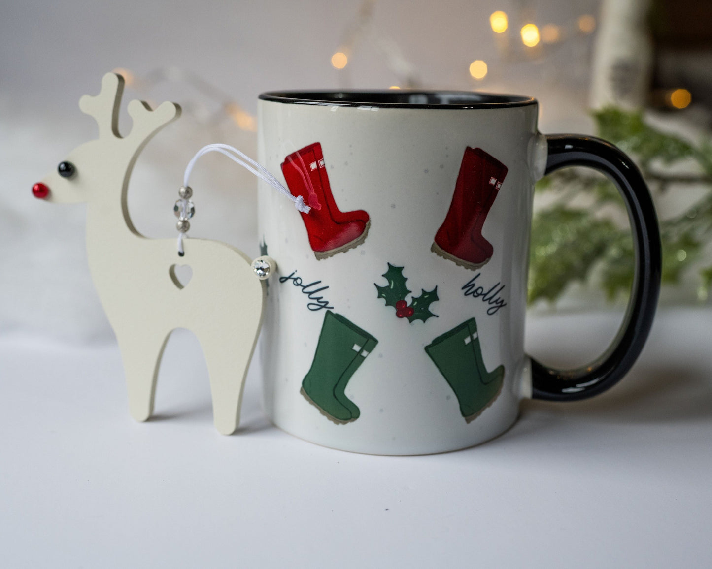 holly jolly ceramic mug with red and green wellies with holly sprigs reindeer with crystals detail decoration for christmas tree gift set farming gifts