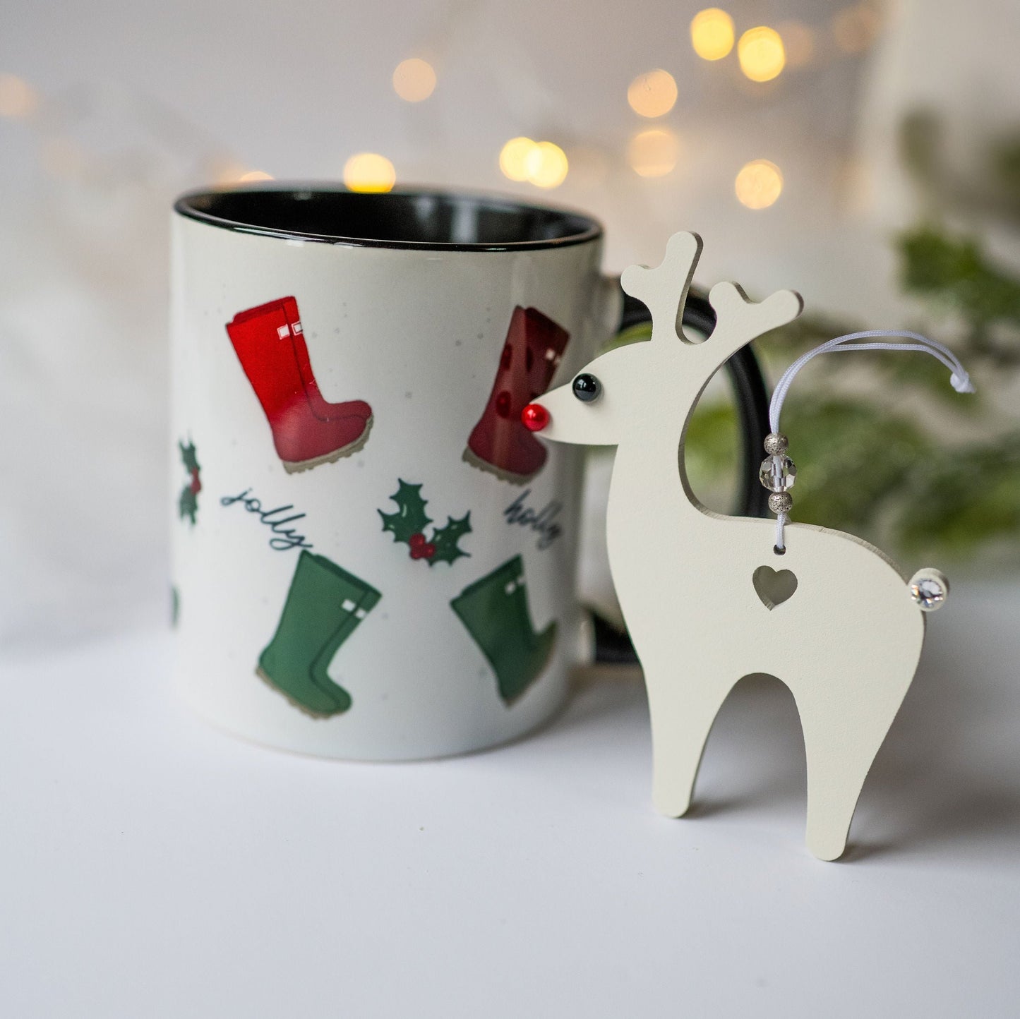 holly jolly ceramic mug with red and green wellies with holly sprigs reindeer with crystals detail decoration for christmas tree gift set farming gifts