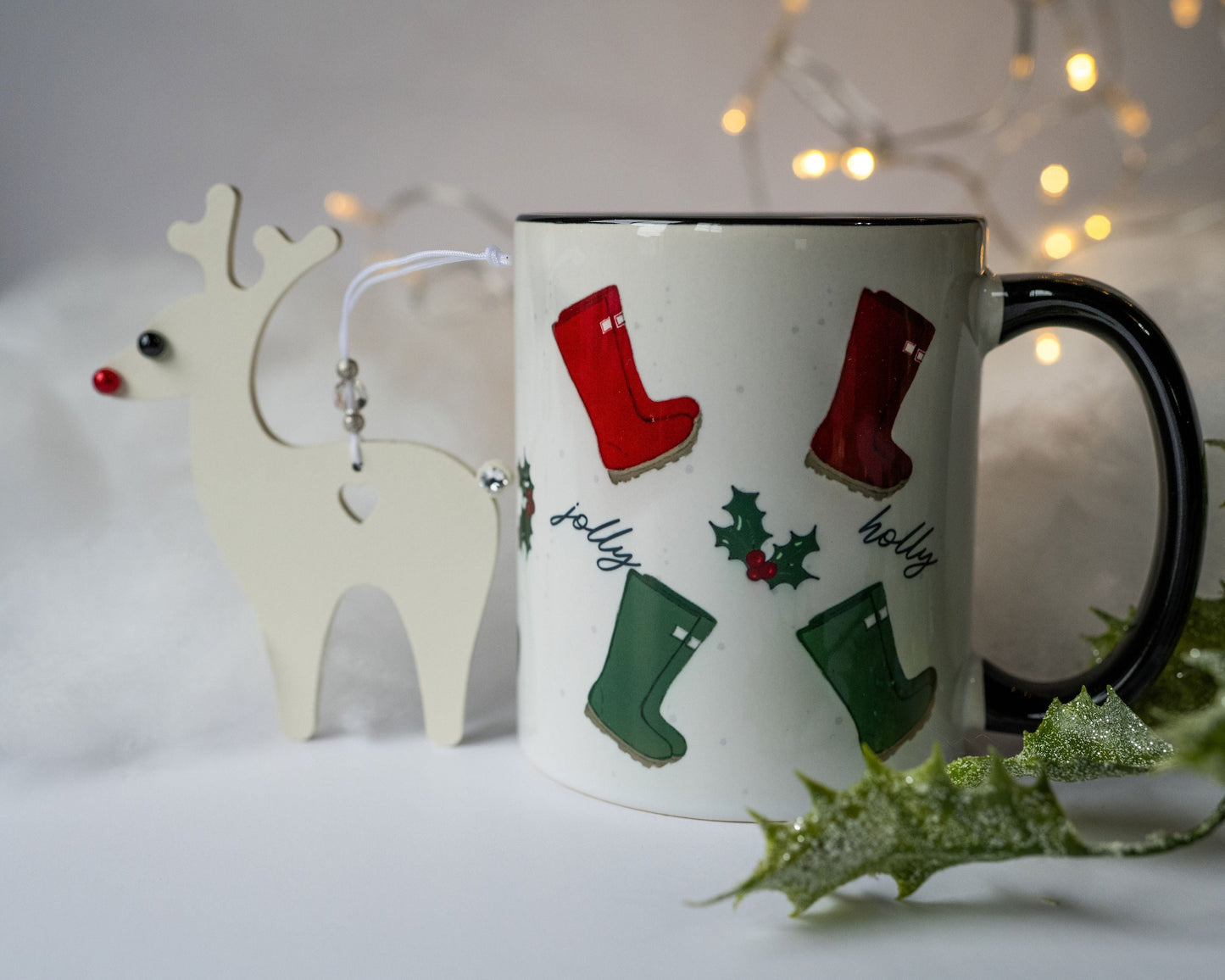 holly jolly ceramic mug with red and green wellies with holly sprigs reindeer with crystals detail decoration for christmas tree gift set farming gifts