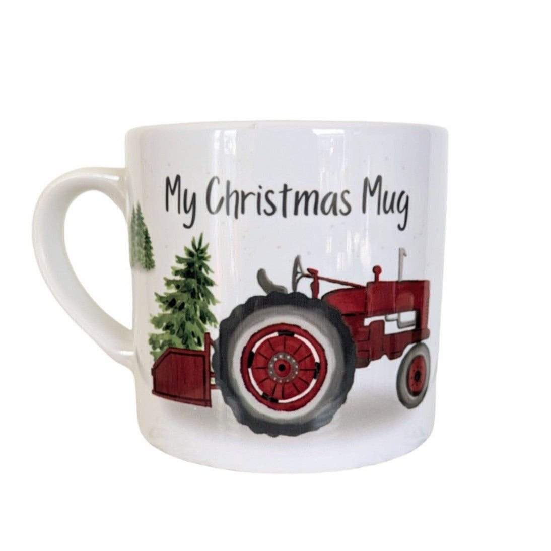 Children's mug with santa's vintage tractor in red with his christmas tree in the link box - ceramic 6oz capacity -  farming Christmas gifts - farmhouse 