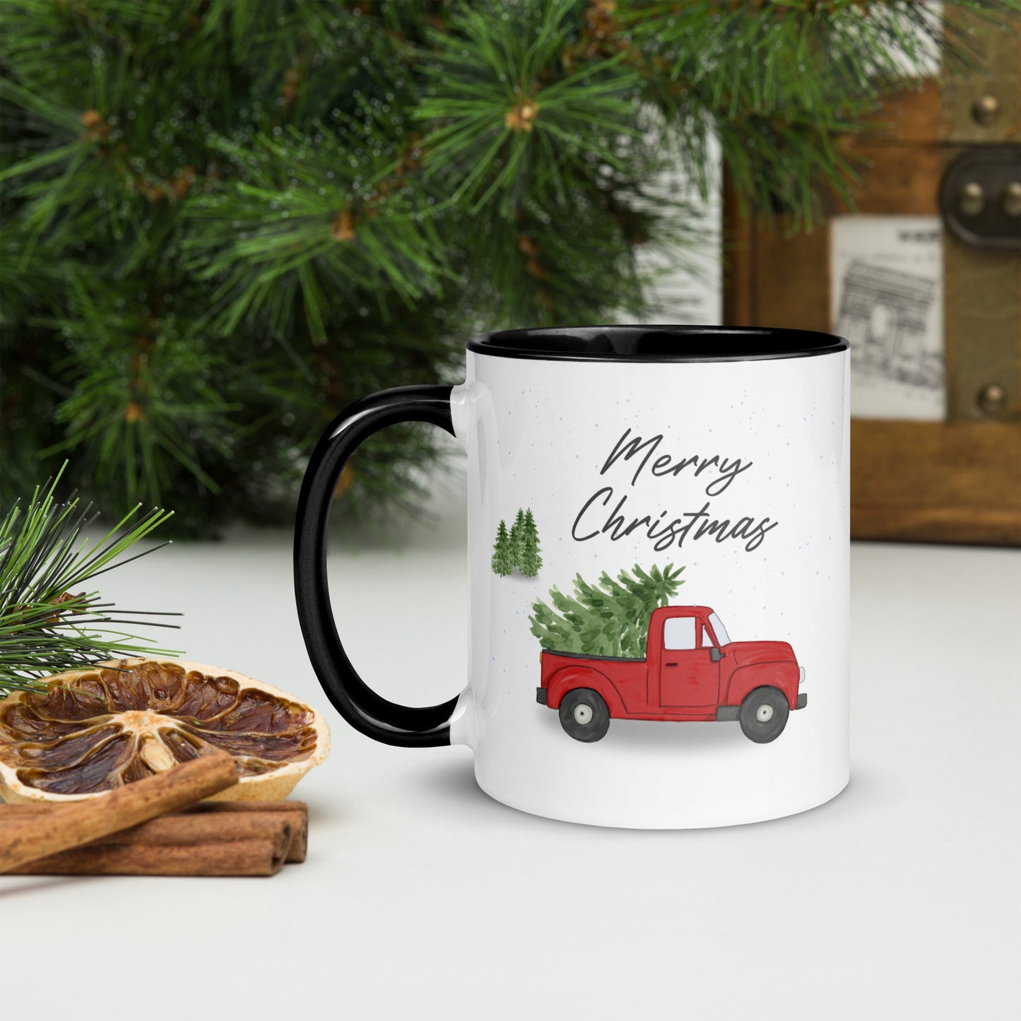 vintage pick up truck jeep with Christmas tree in the back saying merry Christmas perfect farmer gift or farmhouse decor